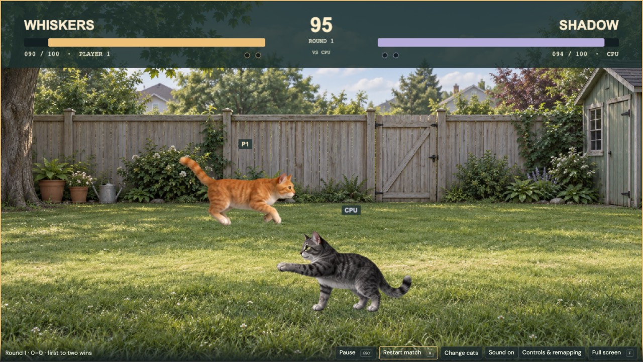 Whiskers pouncing at Shadow in a backyard, health bars at the top
