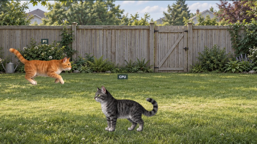 Whiskers leaping across the lawn toward Shadow