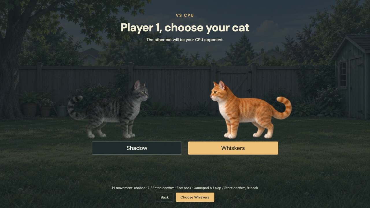 The cat selection screen with Shadow and Whiskers